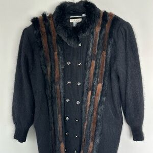 Vintage Cache Black Angora Sweater Cardigan L Fur Collar Shoulder Pads